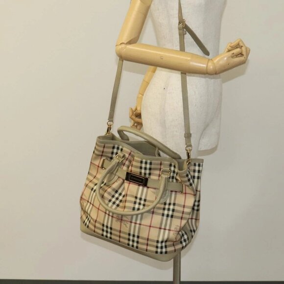 BURBERRY Nova Check Hand Bag PVC Leather 2way Beige Gold Auth - Picture 1 of 16